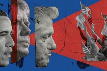 Collaged black-and-white photos of Obama, Carter, and Bill Clinton in profile facing a black-and-white photo of people in construction hats raising American flags on blue-and-red background