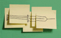 Animation of a hypodermic needle drawn on post-its that are appearing and disappearing