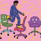 illustration of a person walking from office chair to office chair with various expressions on them