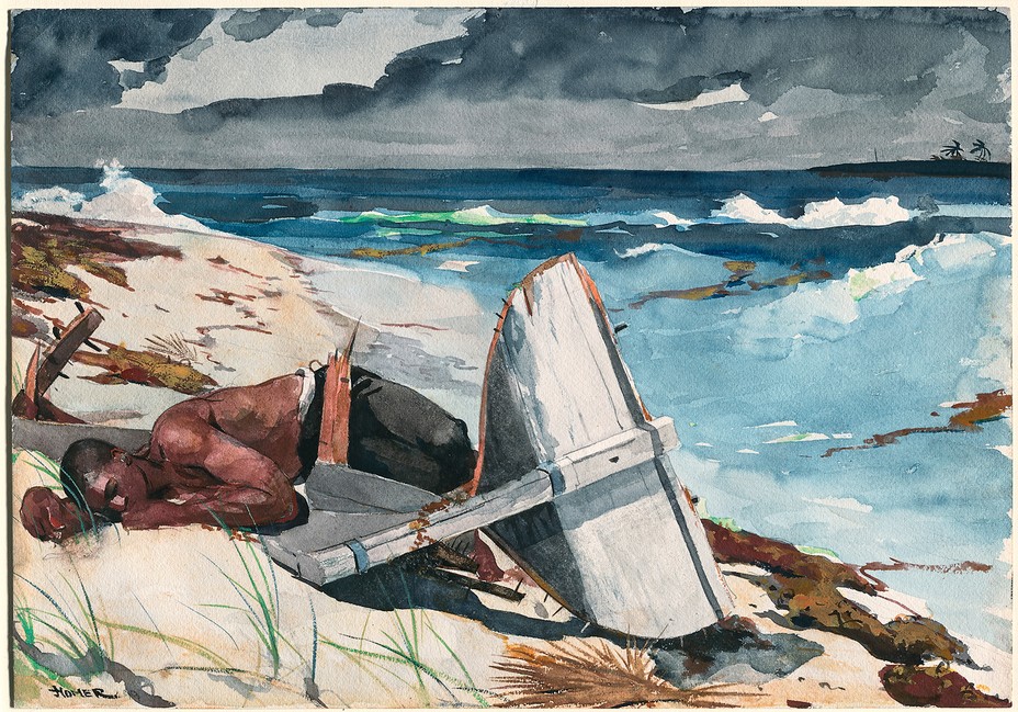 Painting of shirtless man lying on beach next to overturned small boat with crashing waves and dark stormclouds behind