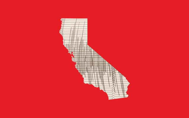 Illustration of the state of California, filled with seismograph readings, on a red background