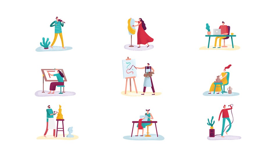 A series of illustrations depicting different people doing creative activities, like painting or singing