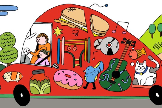 A dad and his daughter driving, with various objects from their day out drawn on the car
