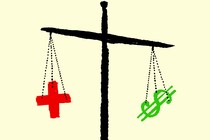 Artwork of a scale balancing a red cross and a green dollar sign