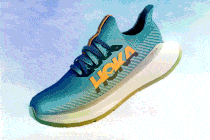 Shimmering Hoka sneaker and its reflection