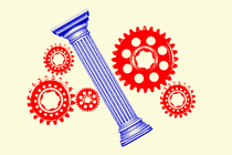 A photo illustration of cogs and wheels of a machine with an ionic column in the middle.