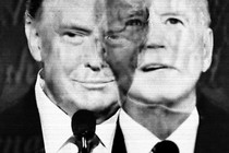 A double exposure of a television broadcast shows President Donald Trump and former Vice President Joe Biden during a debate