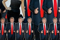 Photos of Donald Trump with a thumbs-up and a woman in a black dress