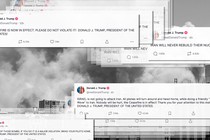 Screenshots of Donald Trump's Truth Social posts against the backdrop of an explosion