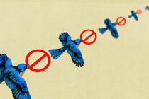 An image of blue birds flying away while holding a red circle with a dash through it, of the sort seen on "No Smoking" signs