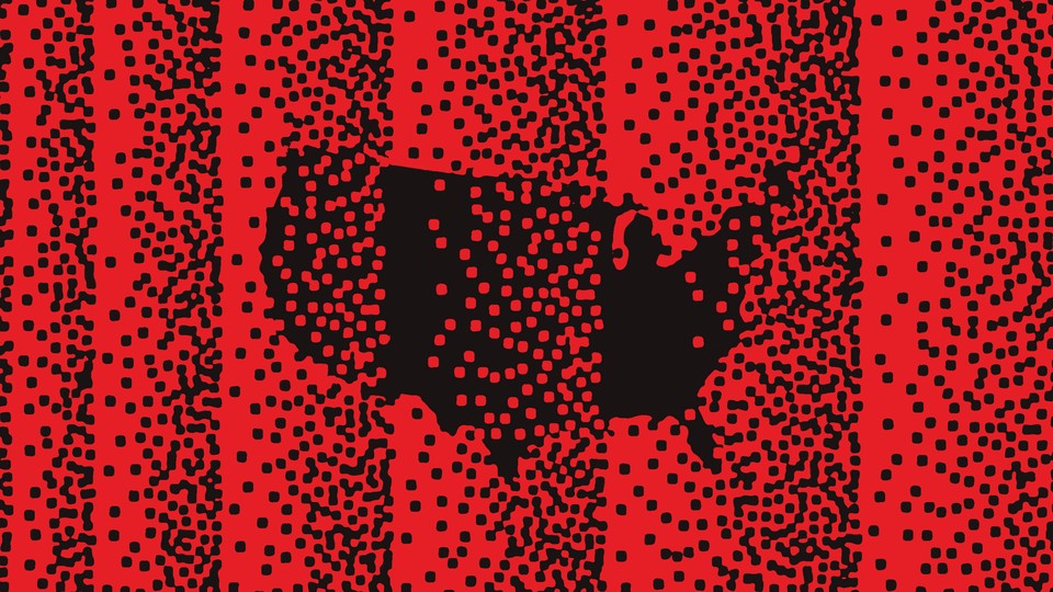 A black map of the US against a red background with scattered dots in columns breaking it up