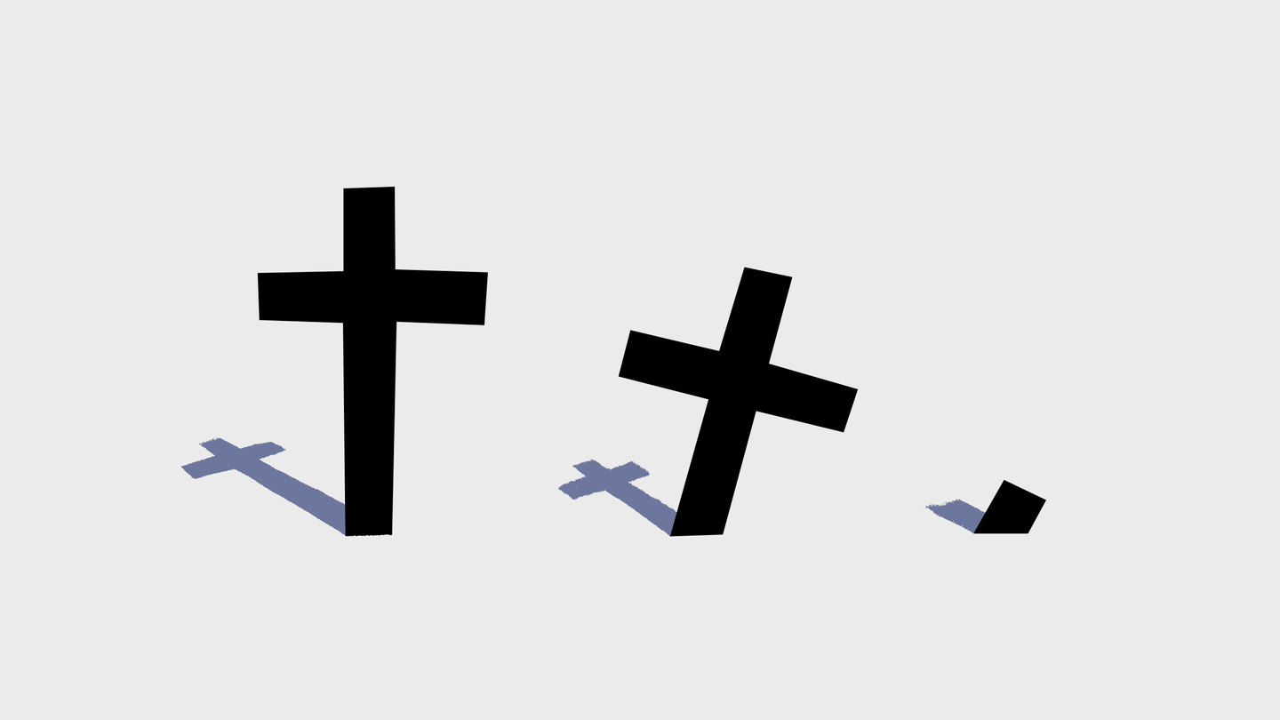An illustration showing three graveyard crosses, each more deeply buried than the one before.