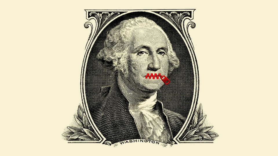 A dollar bill with a zipper over George Washington's mouth