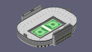 A football stadium with a dollar bill as the field