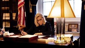 Photo of Liz Cheney at her desk in the U.S. Capitol in 2021