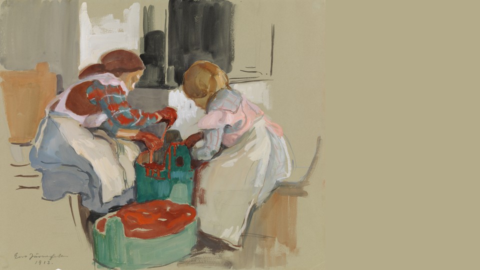 painting of a mother and child doing chores