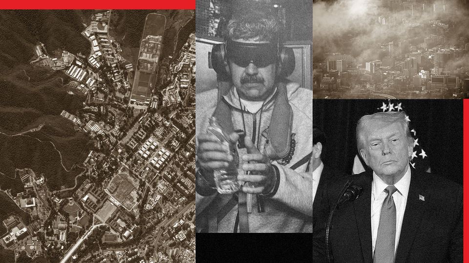 Collage including aerial footage of Caracas; Nicolás Maduro handcuffed holding a water bottle; and Donald Trump at a press conference