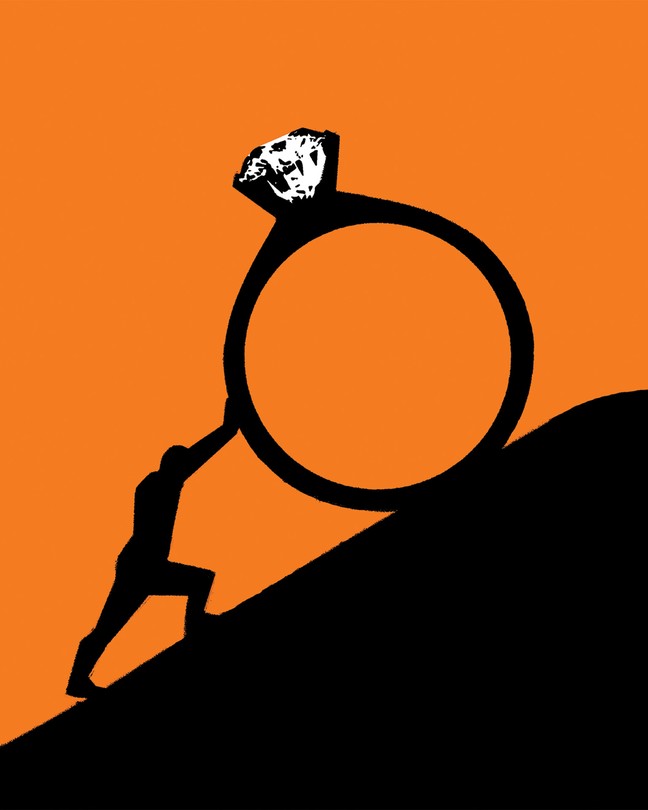 Graphic illustration of a silhouetted Sisyphus-like figure pushing an enormous diamond engagement ring up a steep black hill on an orange background.