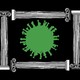 a green coronavirus framed by columns