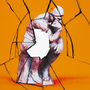 An illustration of Auguste Rodin's The Thinker sculpture, which appears cracked
