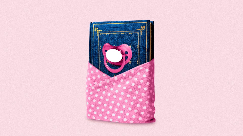 A book wrapped in a baby blanket, with a pacifier