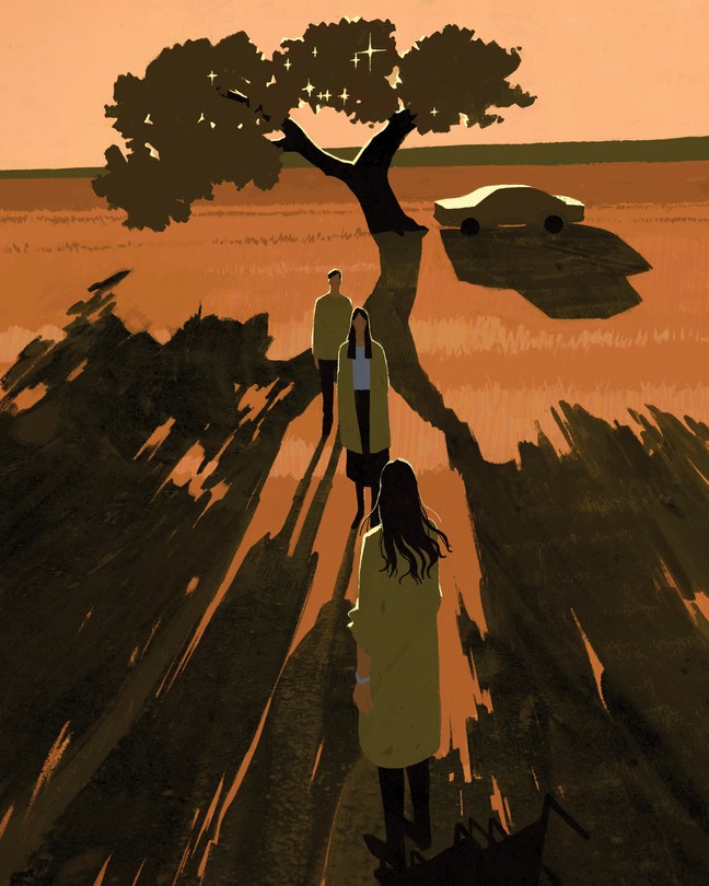 Illustration of tree in background casting a long late-afternoon shadow over three figures facing one another
