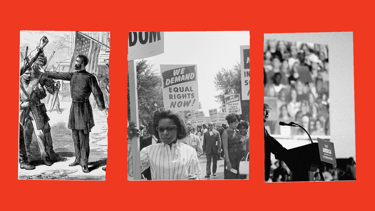 Illustration of a man opposing men with guns; Civil Rights movement protesters; Donald Trump speaking at a rally.
