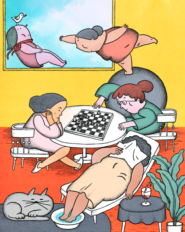 a colorful illustration of various women together in a house playing chess, soaking their feet and relaxing together