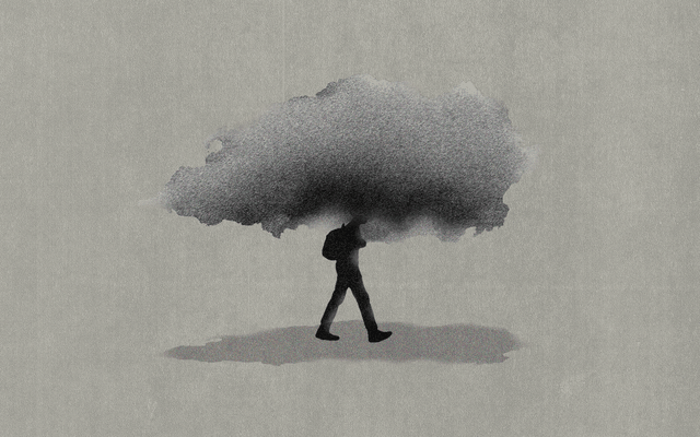A drawing of a teenager walking beneath a rain cloud.