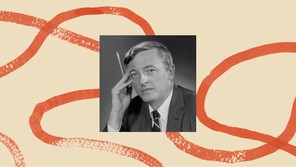 A black-and-white archival photo of William F. Buckley, bordered by an illustration