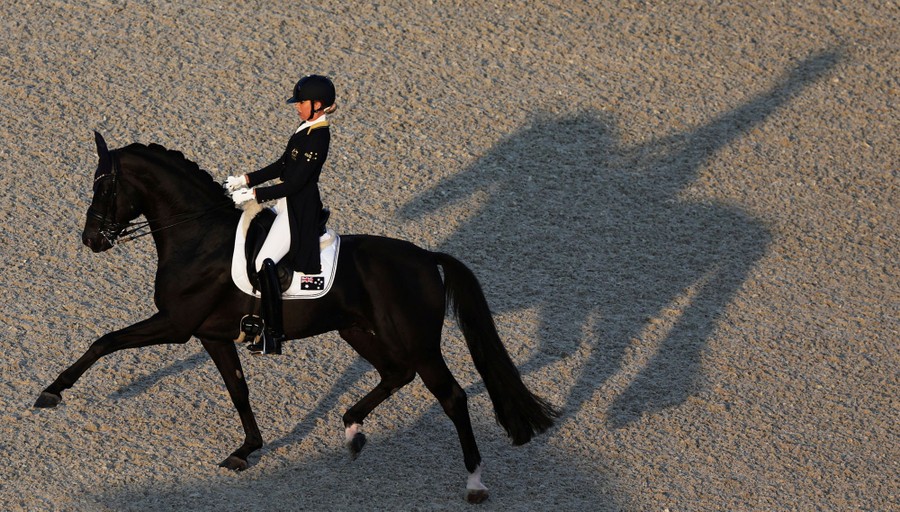 A rider guides their horse during a dressage event.