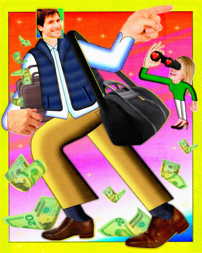 a small woman looks at a tall man working in finance through binoculars