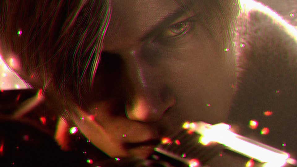 A close-up shot of the video-game character Leon Kennedy from the remake of "Resident Evil 4"