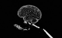 A black-and-white illustration of a robot arm holding a brain, suggesting AI's control over the human brain.