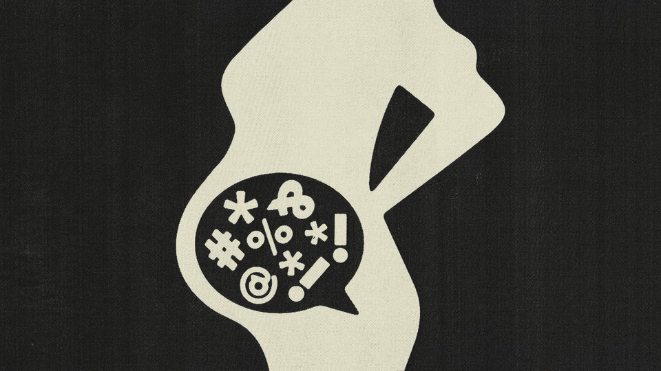 Pregnant silhouette with punctuation marks and symbols over the stomach