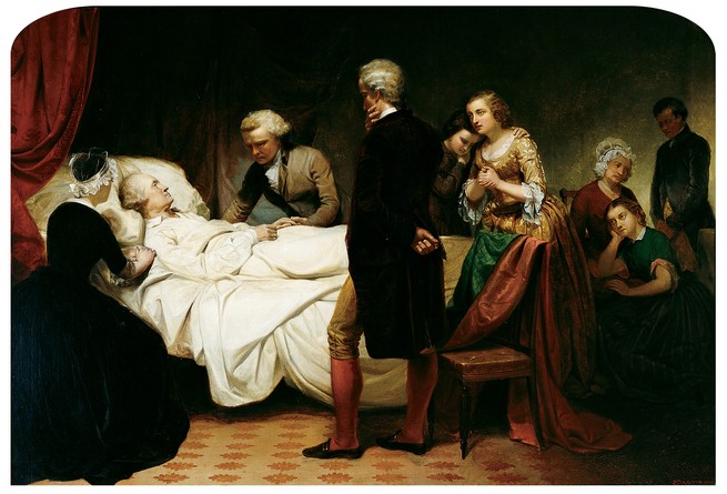 A painting of George Washington on his death bed with people around him