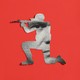 Graphic illustration with a black-and-white photo of Pete Hegseth's face within the silhouette of a soldier kneeling and firing a rifle, on a red background.
