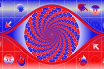 An illustration of an eye made of blue and red ballots