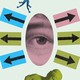 A collage of arrows pointing out from a human eye surrounded by random objects including a guitar and a coffee mug