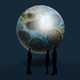 an illustration of people gazing up at a globe covered with monkeypox