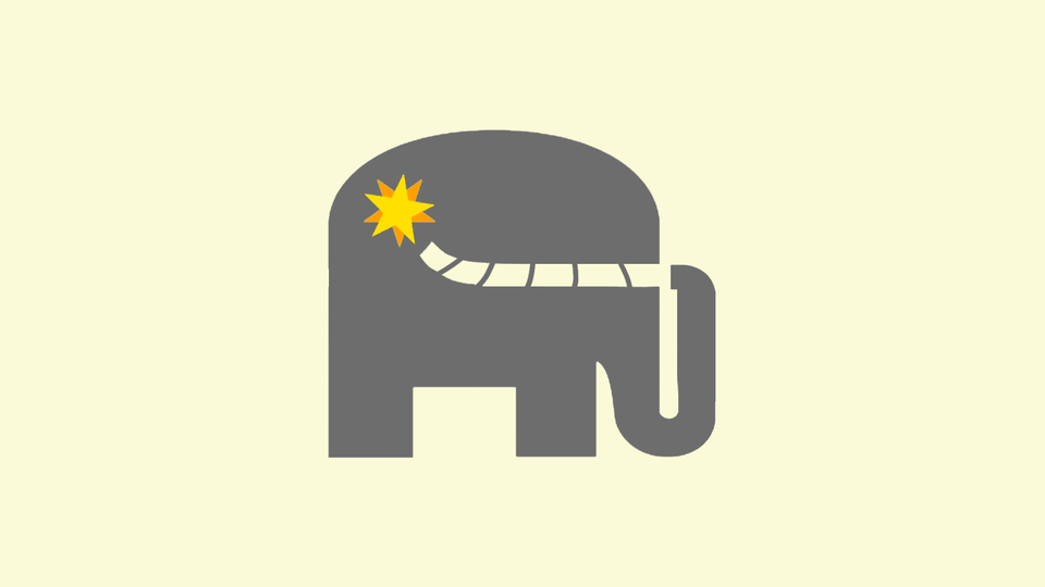 An illustration shows a gray elephant with a lit fuse at the end of its tail.