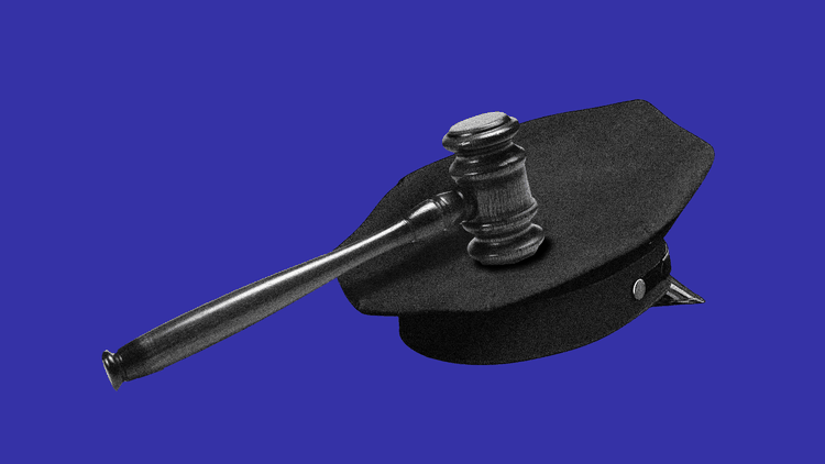 A graphic of a black gavel on top of a black police cap, on a blue background