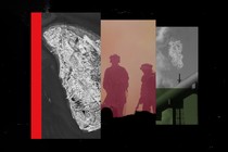 Illustration with photos of Kharg Island, soldiers, and oil pipes with a gas flare nearby