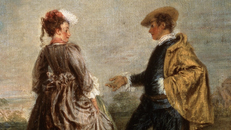 A man holds out his hand to a skeptical woman