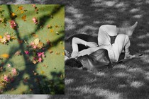 Black-and-white photo of a couple lying in the grass with a color photo of flowers overlaying it