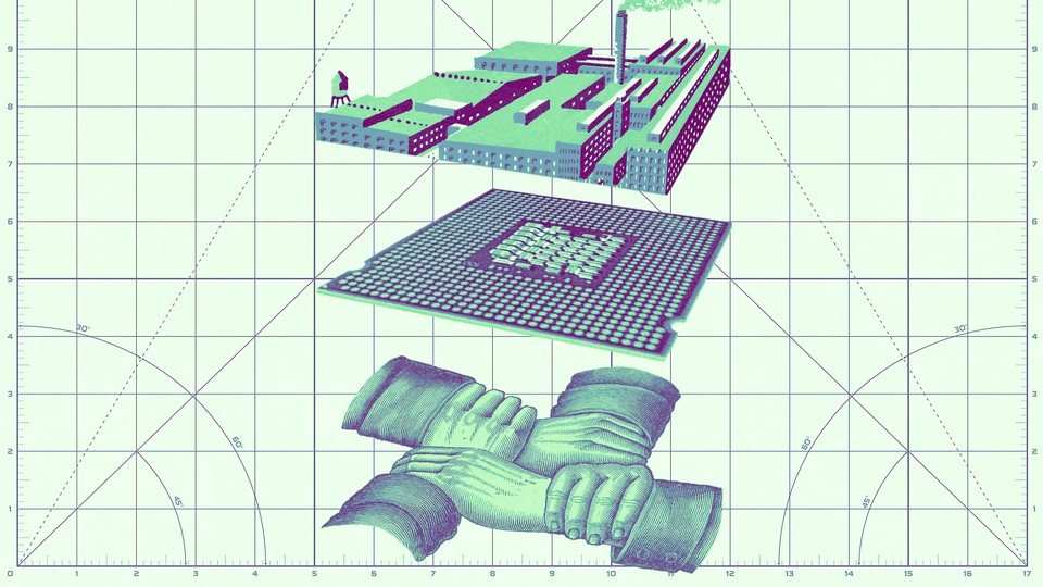 A drawing of a factory atop an equally sized computer chip atop four hands gripping the wrist of the next. This illustration is in front of grid paper with numbers on the x-axis and the y-axis and multiple angles drawn on it.