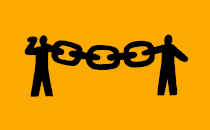 Two figures on an orange background each hold one end of a chain, connecting them from afar
