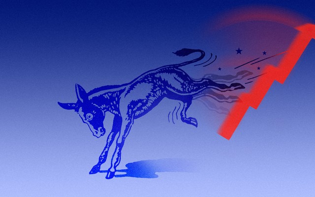 A donkey kicks a red upward line with its back hooves.