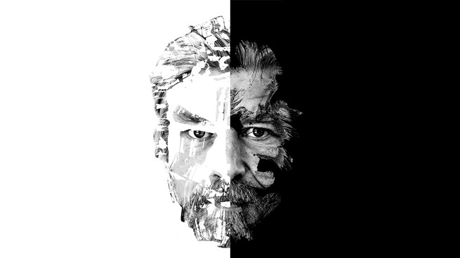 Illustration of Karl Ove Knausgaard's face, against a black and white backdrop