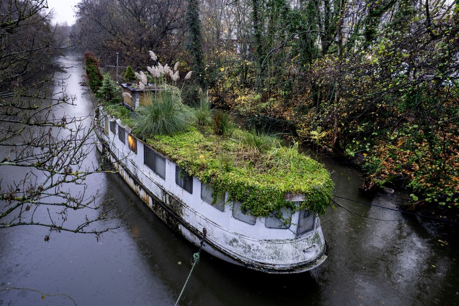 An elevated view of a small, narrow boat with a roof covered in grass and plants